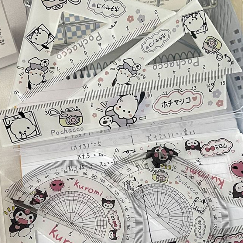 

4Pcs/Set Sanrio Ruler Set Cartoon Kuromi Cinnamoroll Acrylic Ruler Set Triangle Straight Edge Round Ruler Student Stationery