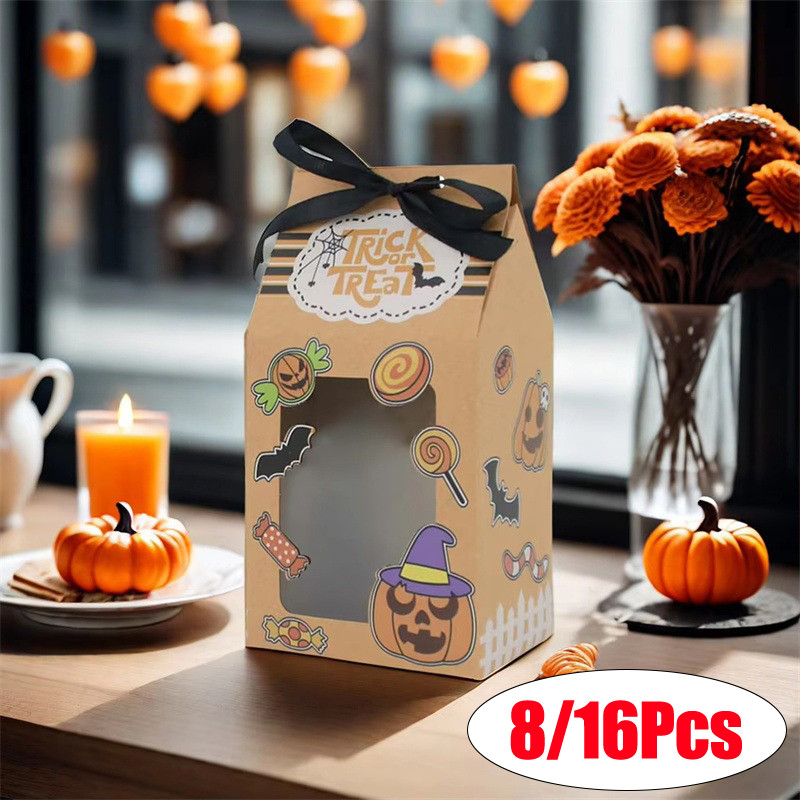 

8/16Pcs Halloween Candy Bag Treat Or Trick Kraft Paper Chocolate Box With Window Candy Snacks Cookie Packing Box