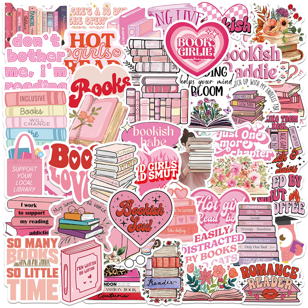 

10/25/50pcs Pink Book Reading Graffiti Stickers for DIY Decor Stationery Suitcase Bottle Phone Laptop Skateboard Scrapbooking