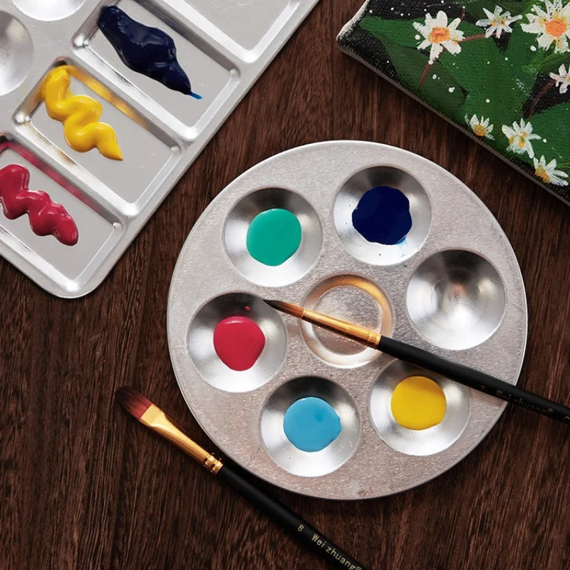 

1 Pcs Metal Hand Drawn Watercolor Paint Tray 10 Hole Circular Painting Palette Aluminum Rectangular Palette Art Supplies