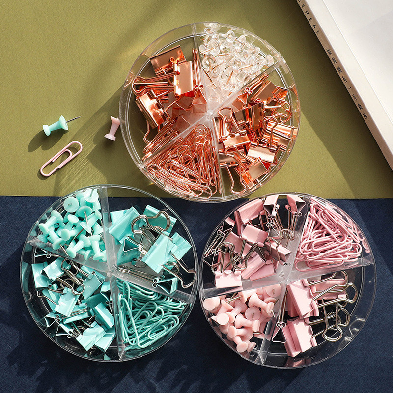 

72Pcs Color Binder Clips Paper Clips Push Pin Set Rose Gold Push Pins Cute Stationery for Office Accessories School Supplies