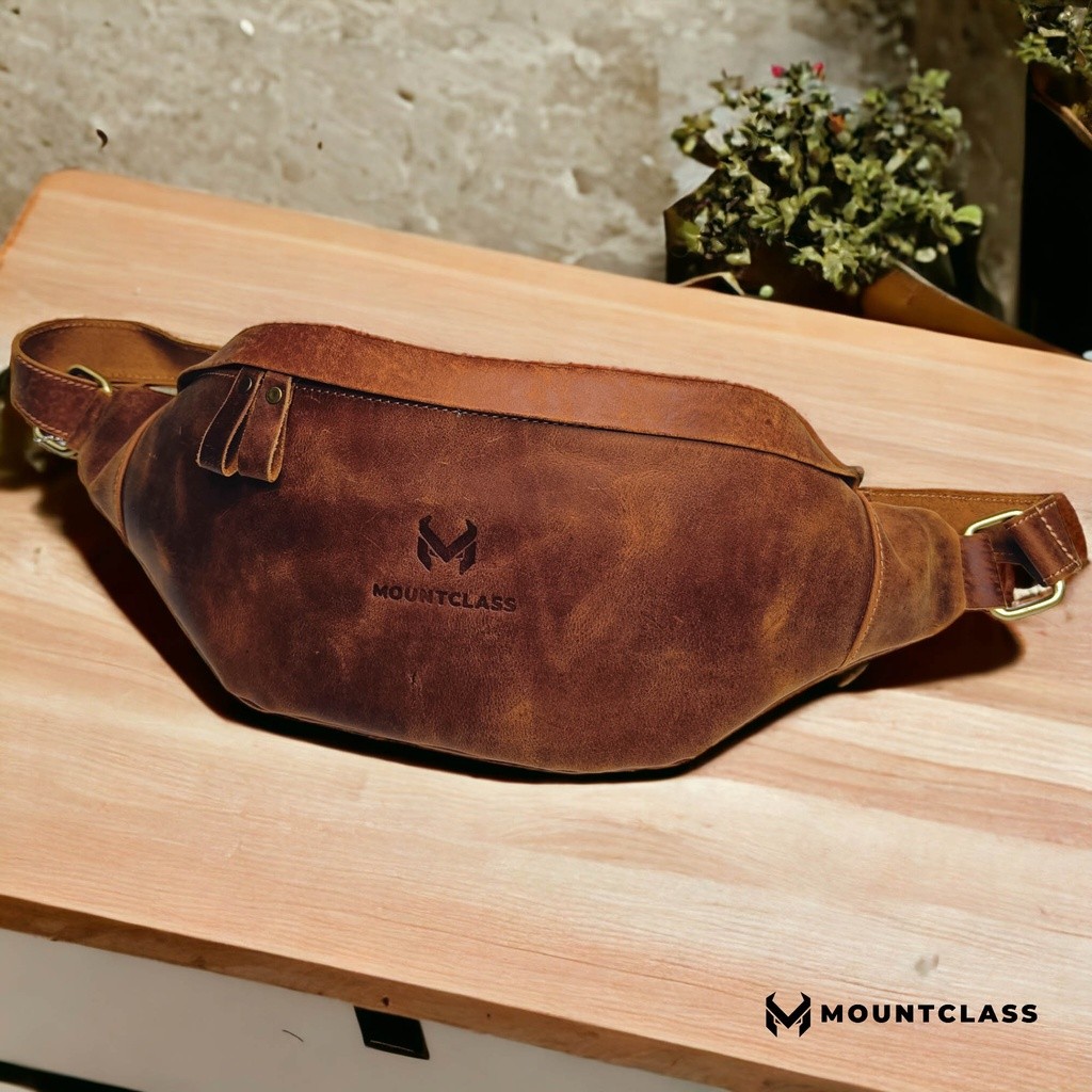 (Mountclass) Tas Selempang Pinggang Waistbag Kulit Asli Pria Cowok Waist Bag Weistbag Pria Kulit Sap