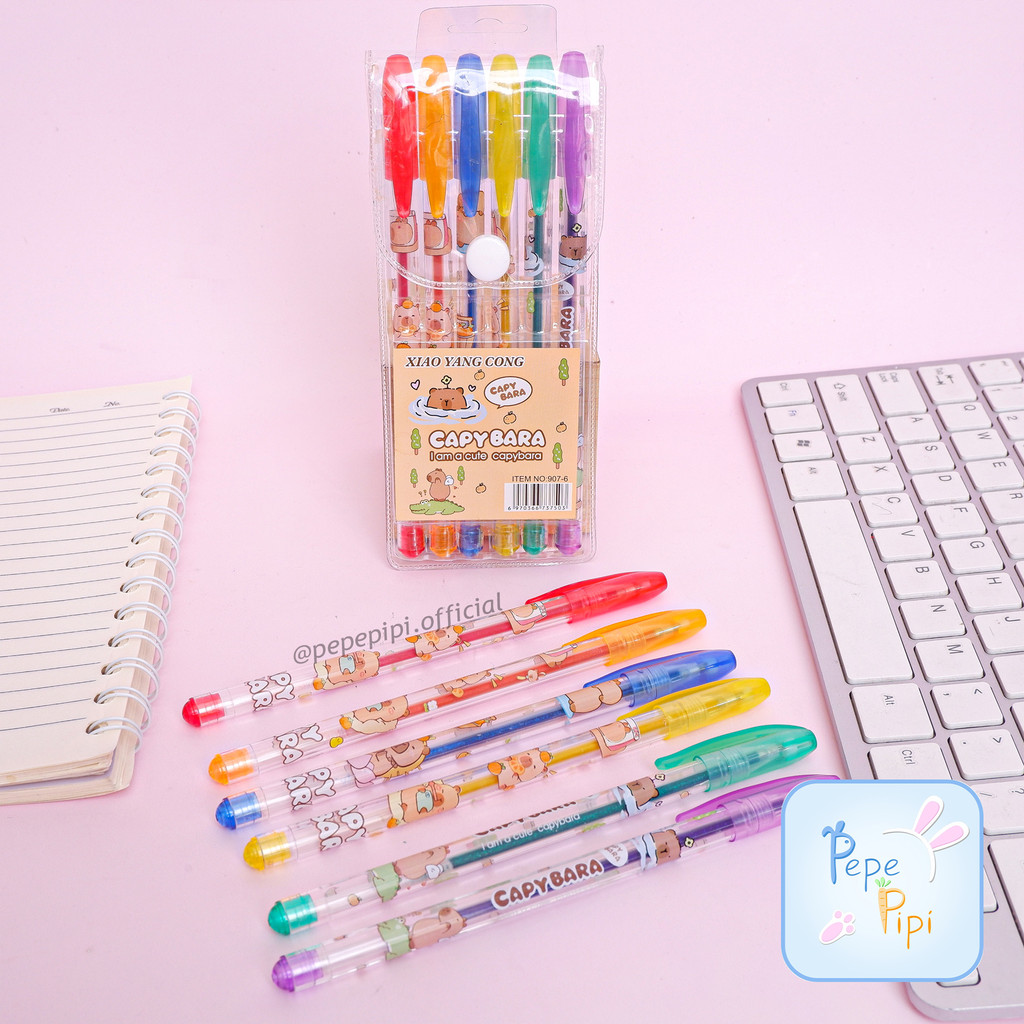 

Pena Gel Warna-warni Capybara 1 Set Isi 6 PGK-1981 Pulpen Multi Warna Bolpen Marble Bolpoin Pen