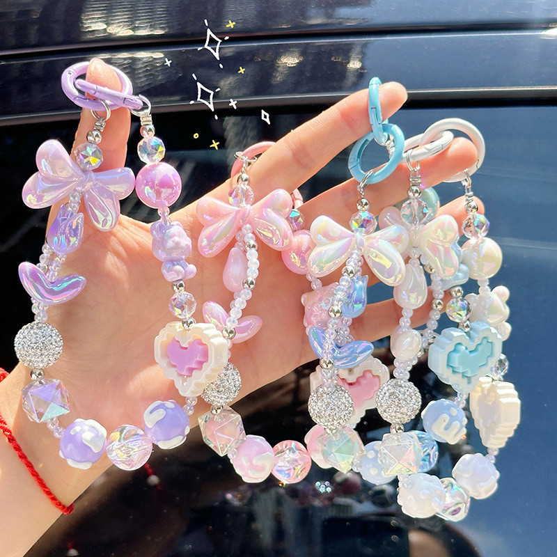 Tali gantungan hp manik manik Phone Tali Aesthetic Korea Bentuk Hati Bow Gantungan Hp Strap hp Pende