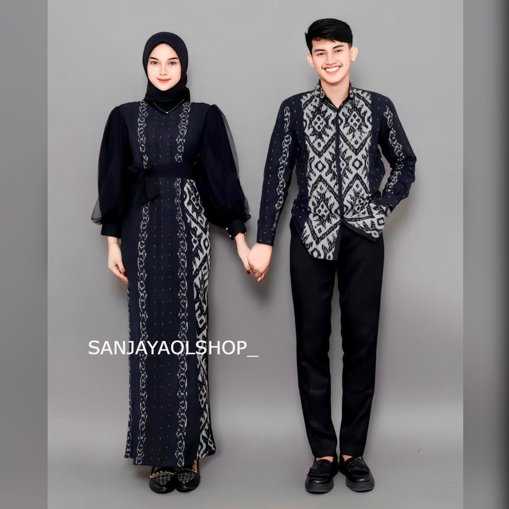 BAJU TENUN COUPLE NEW PADMA BLACK DRESS DAN KEMEJA SANJAYA OLSHOP