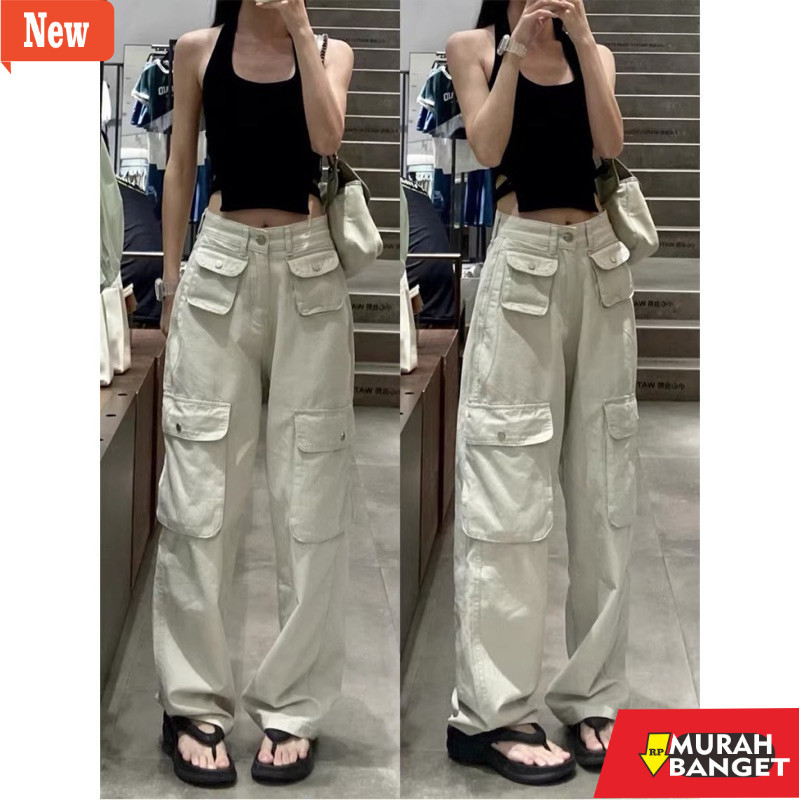 celana jogger wanita yg kekinian- celana cargo pasir putih wanita hightwaist loose celana cargo kore