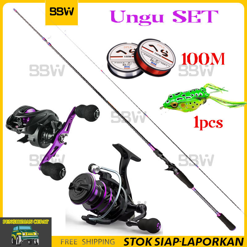 Satu set reel dan joran 1.65M~2.4M dan reel full metal Setelan warna ungu/Pancing Set Lengkap Murah 