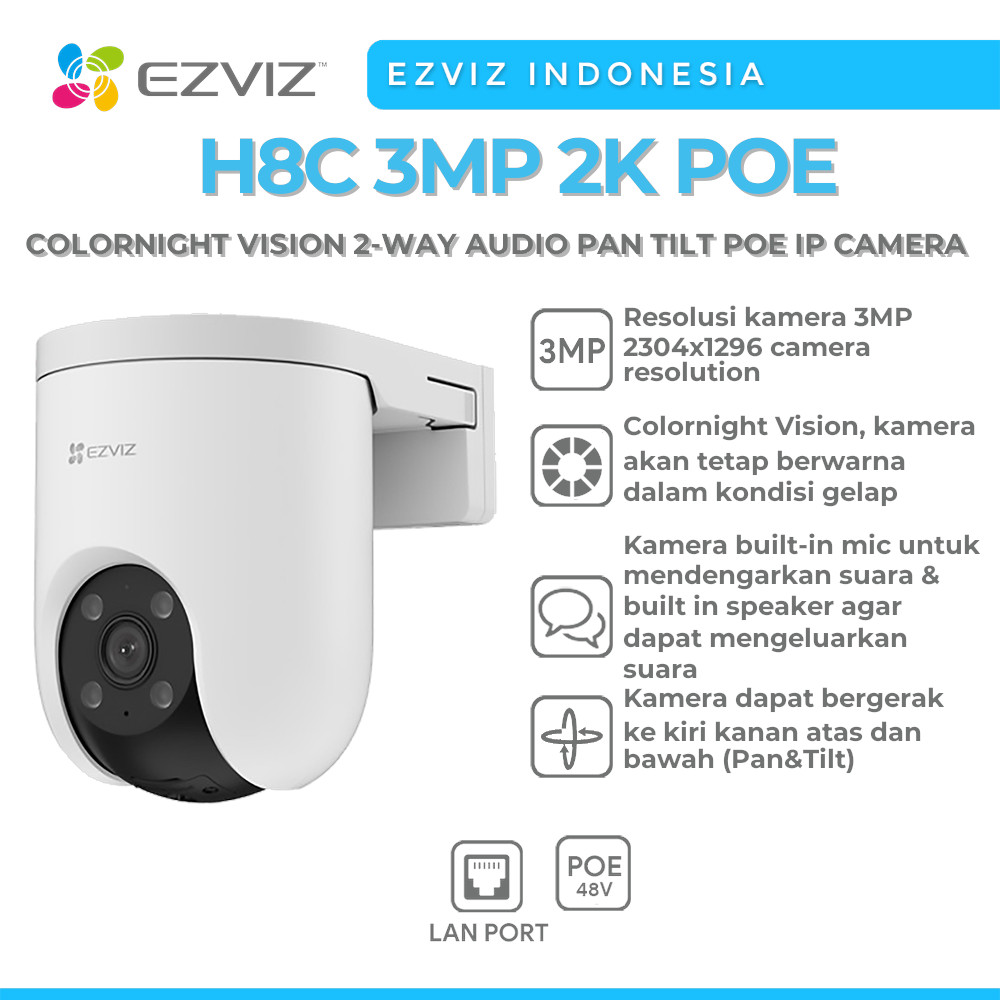 EZVIZ H8C 3MP 2K POE COLORNIGHT VISION 2-WAY AUDIO PAN TILT IP CAMERA TU2T