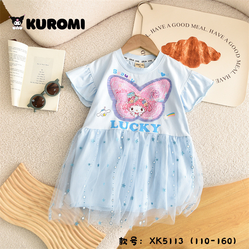 ( DRE936 ) Dress tutu anak perempuan lengan pendek - cotton spandex - reversible sanrio melody cinna