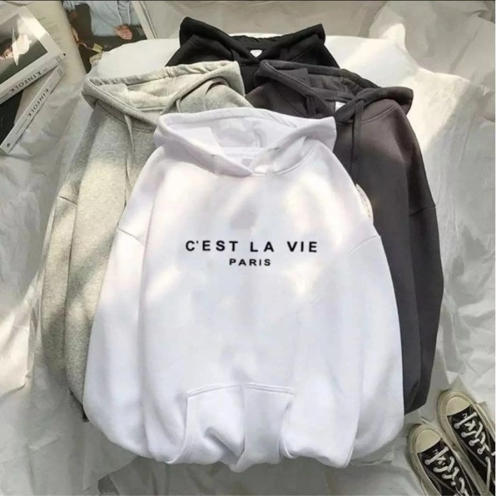 DINDASHOPEE Sweater Jaket Hoodie Switer Sweter Wanita Pria Hodie Cewek Cowok Paris - Putih, L