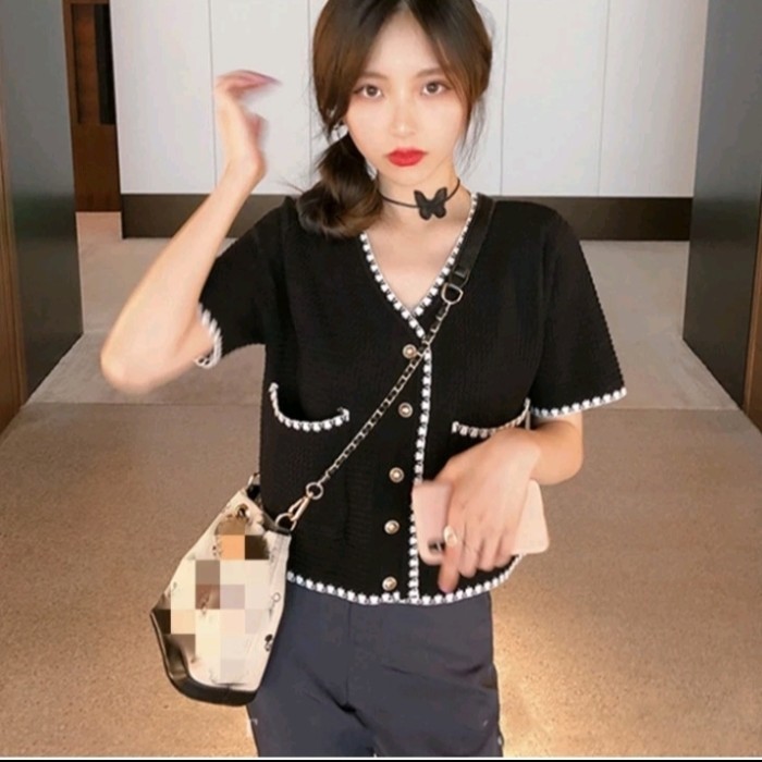 Cardigan Lengan Pendek Outer Korea Kardigan Fashion Baju Rajut Wanita - Hitam