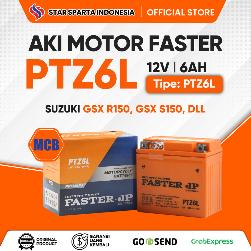 Faster JP - Aki PTZ6L 12V 6Ah untuk Suzuki GSX R150, GSX S150