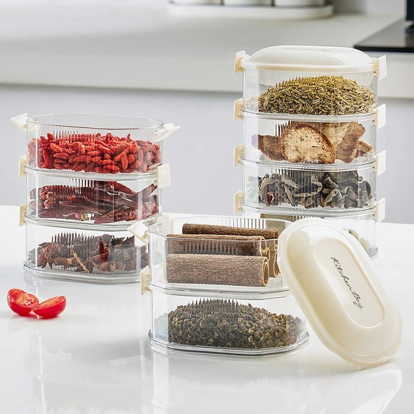Toples Susun Dapur Tempat Bumbu Susun Tingkat 1/2/3 Layers Wadah Bumbu Kedap Udara Dapur Plastik