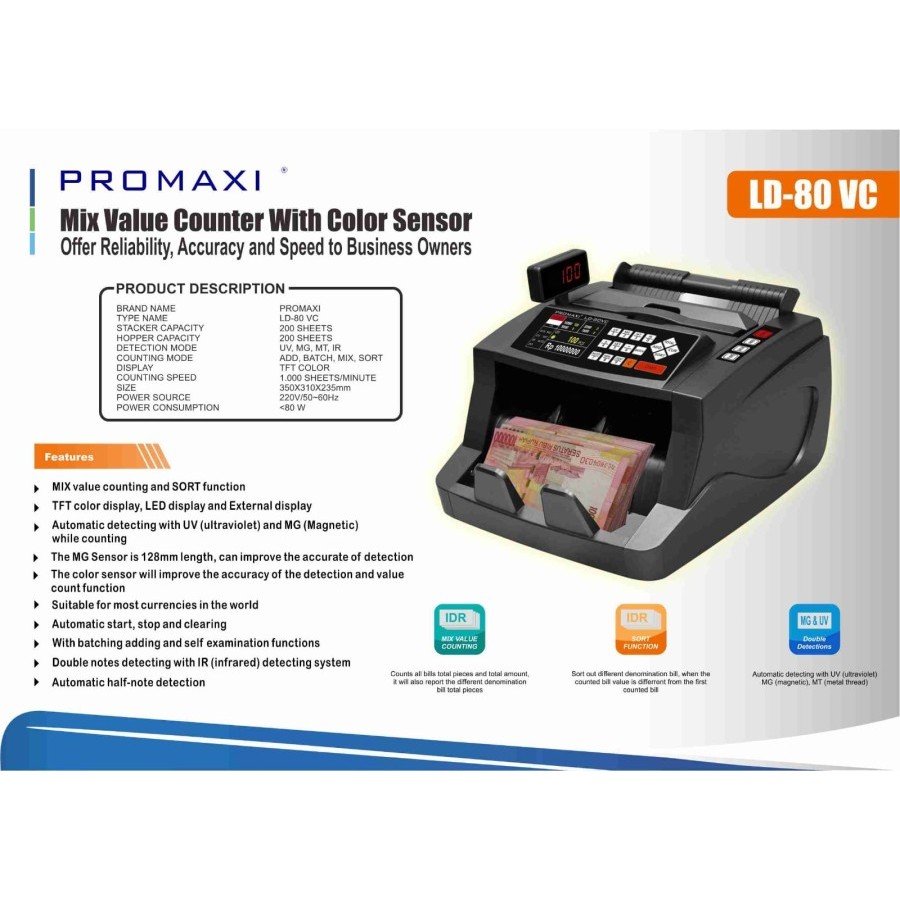 PROMAXI LD-80VC NEW SERIES Mesin Hitung Uang Kertas / Money Counter Nominal Uang
