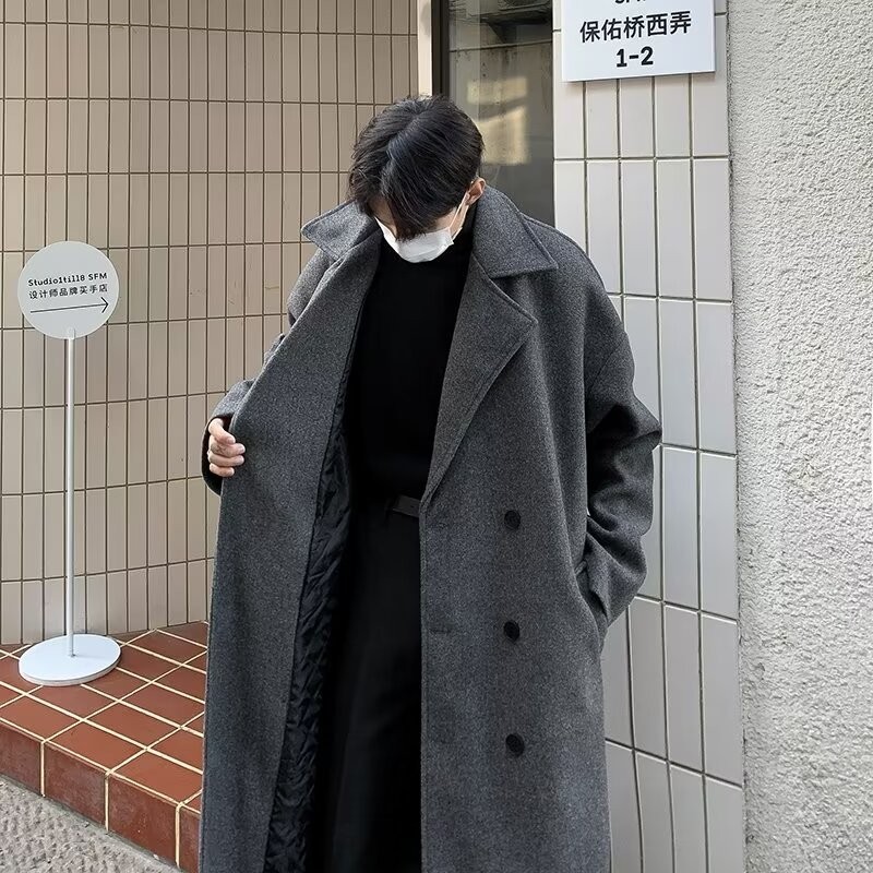 Gaya Pria Blazer Panjang Korea jaket jubah pria panjang ke lutut long sleeve