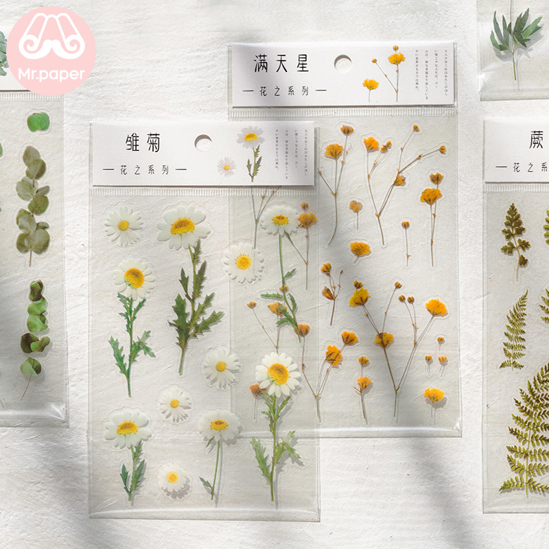 

Mr.Paper 12 Designs Natural Daisy Clover Japanese Words Stickers Transparent PET Material Flowers Leaves Plants Deco Stickers