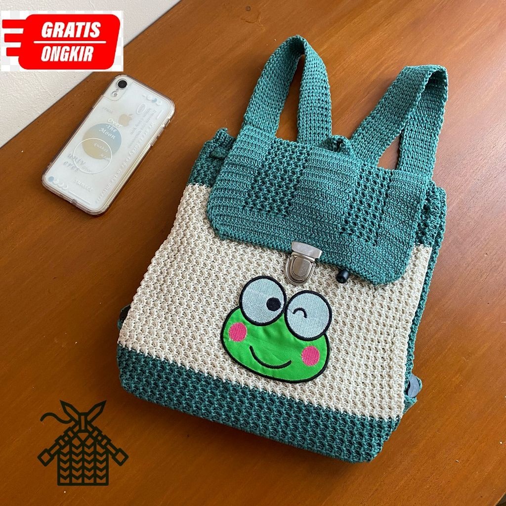 Tas gendong rajut murah berkualitas / tas punggung karakter keroppy rajutan murah / tas ransel anak 