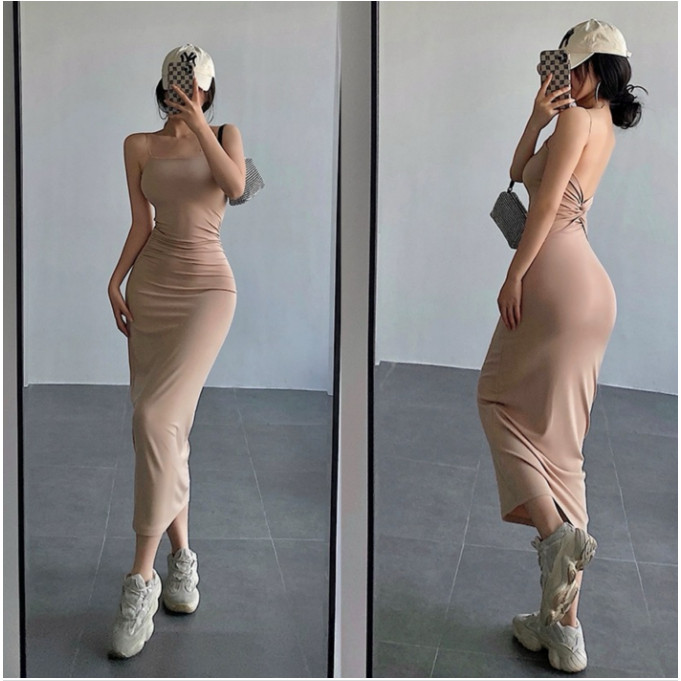 Debut Beige Sexy Backless Dress 2Xl Cocktail Dress Formal Elegant Trendy Korean Dress For Woman Long