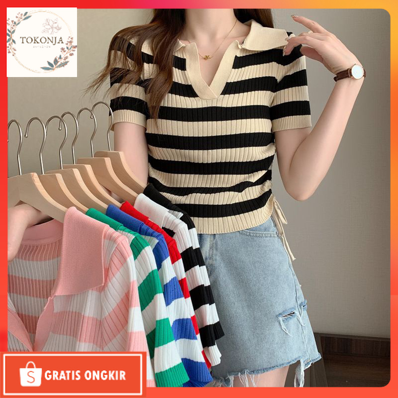 Baju Korea / Atasan Kerah polo Rajut SALUR Tali  - Vneck Crop Top Blouse Stripe - Polo Shirt Atasan 
