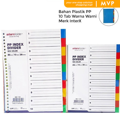 

MVP Pembatas Binder Divider InterX Warna Warni A5 20 ring B5 26 Ring Pembatas Kertas Binder 10 Tab