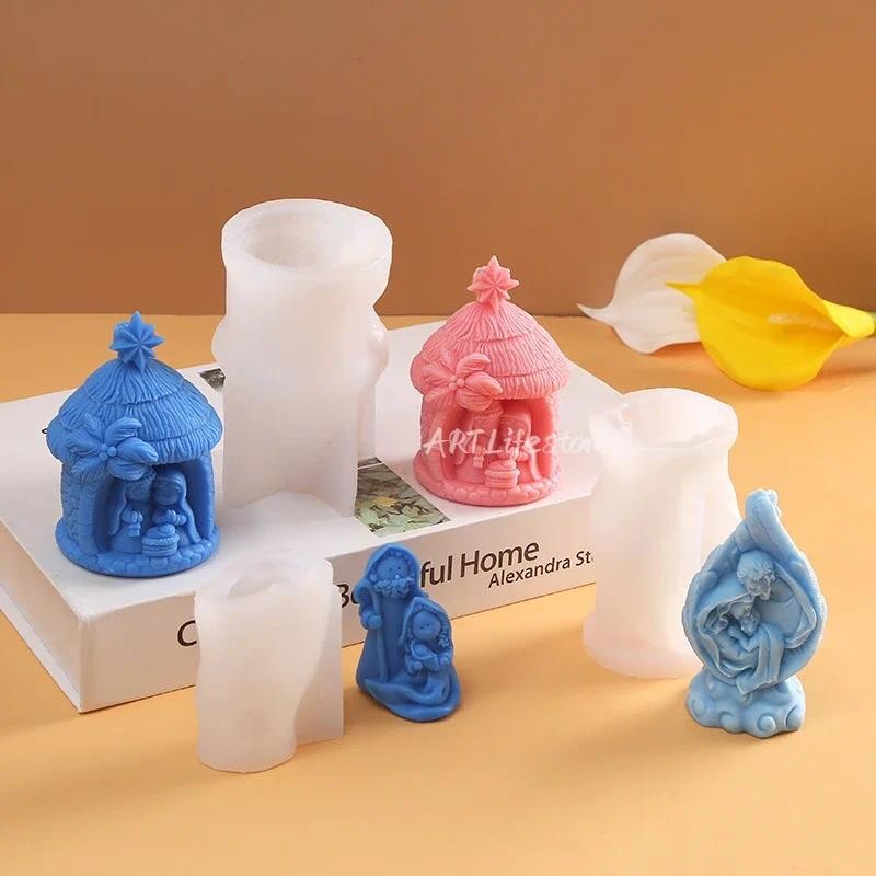 

Holy Religion Nativity Silicone Candle Mold 3D Stone House Aromatherapy Plaster Soap Epoxy Crafts Casting Mould Baby Birth Gift