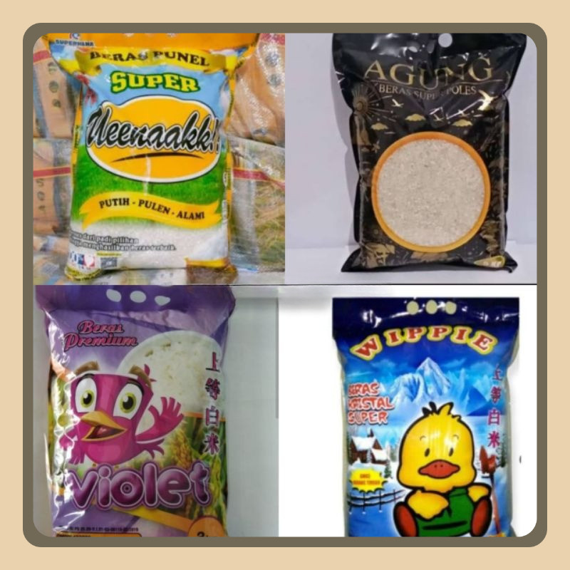 

Beras Violet 5kg/ Beras Super Ueenakkk 5kg/Beras wippie 5kg/Beras Agung 5kg/Beras Legon LeLe 5kg/Beras Komo 5kg