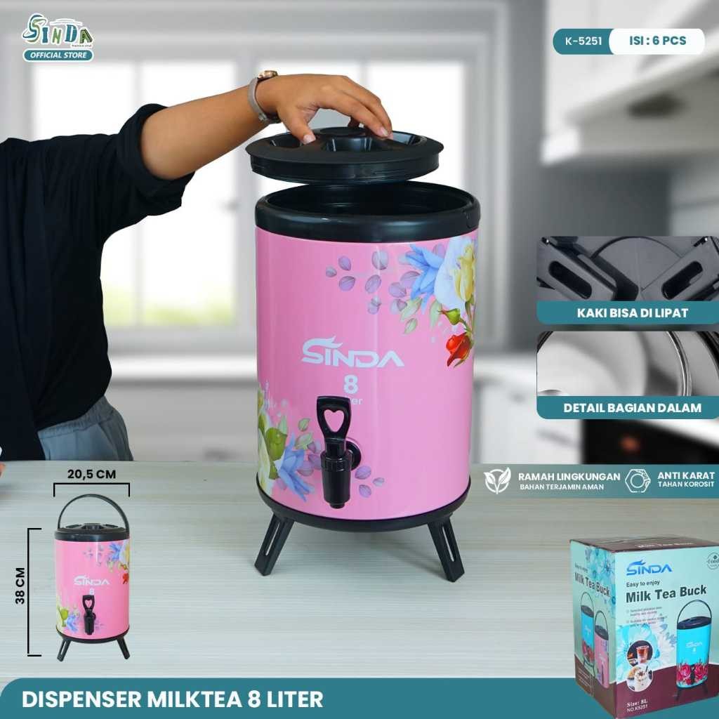Dispenser Stainless Steel MilkTea Bucket Motif Bunga Sinda
