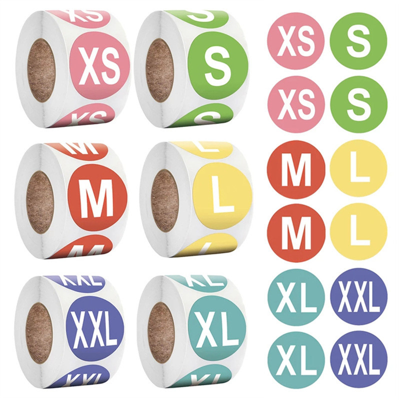 

XS/S/M/L/XL/2XL/3XL 500Pcs /1 Rolls 2.5cm/1inch Clothing Sticker Round Universal Tag Stickers SelfAdhesive Label Sealing Sticker