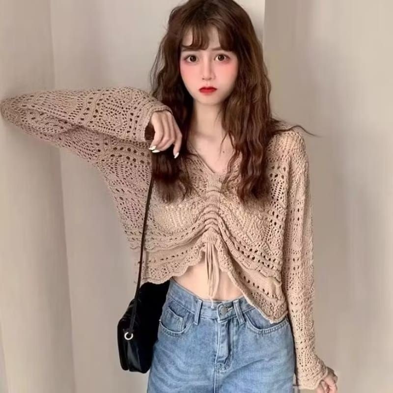 PROMO Mona Top Blouse Korea Wanita Drawstring Knitwear Atasan Wanita Blouse Jaring Tali