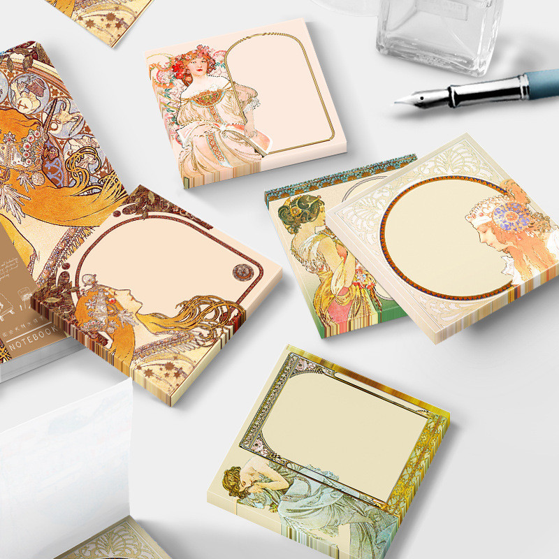 

50 Sheets/Set Alphonse Mucha Oil Painting Series Memo Pads Retro European Style Sticky Notes DIY Journal Decoration