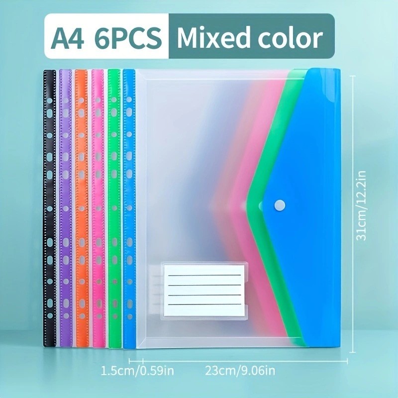 

1pc/6pcs A4 Plastic Wallet Pouches with Snap Closure And Label Pockets Expandable Binder for School Home Office Assorted Colors