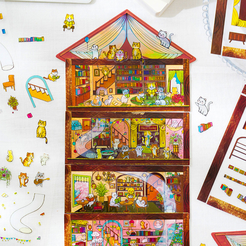 

Mr. Paper 1Style 16Pcs/bag Cat's Cottage Scene Landscaping Stickers Colorful DIY Handbook Material Stickers