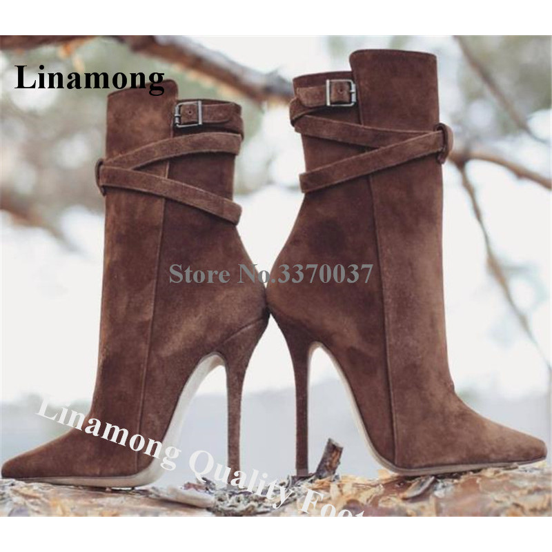 Linamong Quality Pointed Toe Suede Stiletto Heel Short Boots Brown Ankle Straps Buckles High Heel An