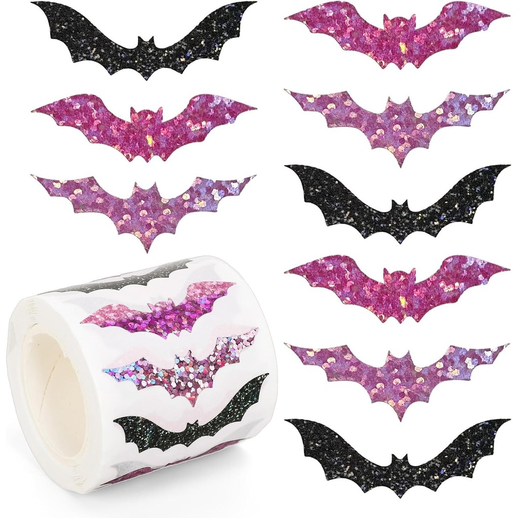 

500pcs Halloween Bat Stickers Roll Laser Black Bat Waterproof 3 Designs Glitter Self-Adhesive Stickers for Halloween Party