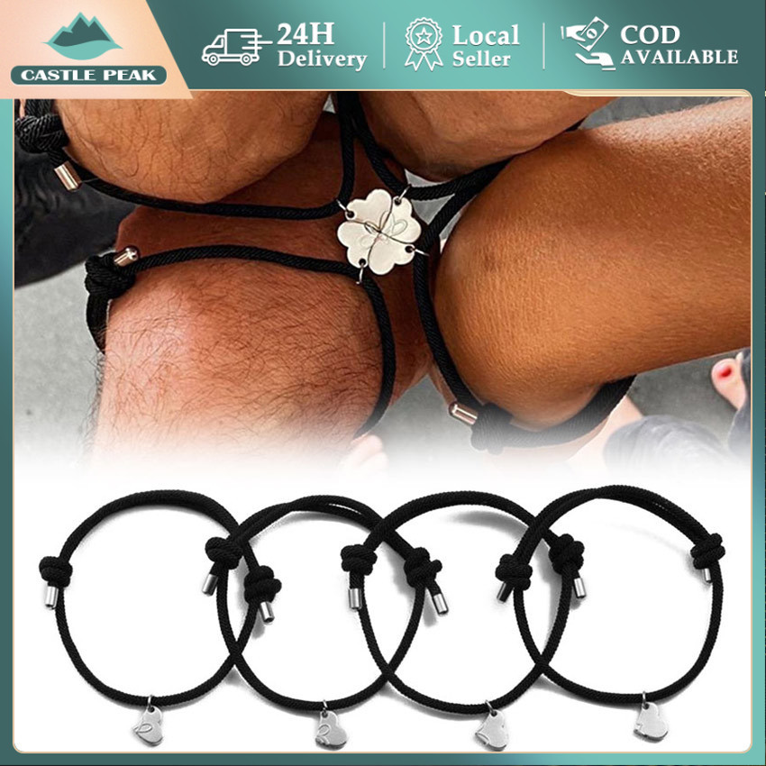 Gelang Koneksi Magnetik 4 Orang Model Heart Braided, Tali Adjustable Hadiah Persahabatan untuk Kelua