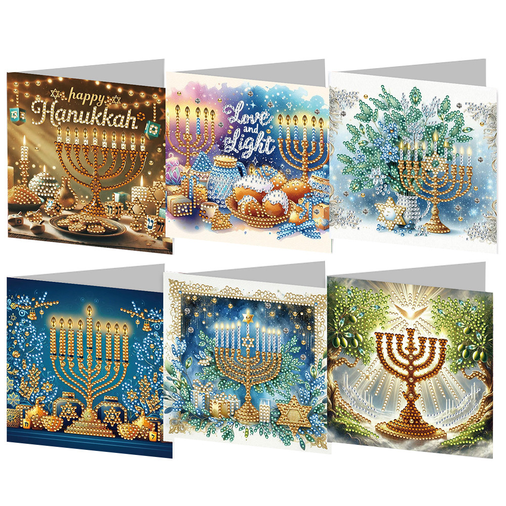 

6PCS DIY Diamond Painting Greeting Card Set Hanukkah Theme Rhinestone Diamond Art Mosaic Postcards Congratulations Cards & Gifts