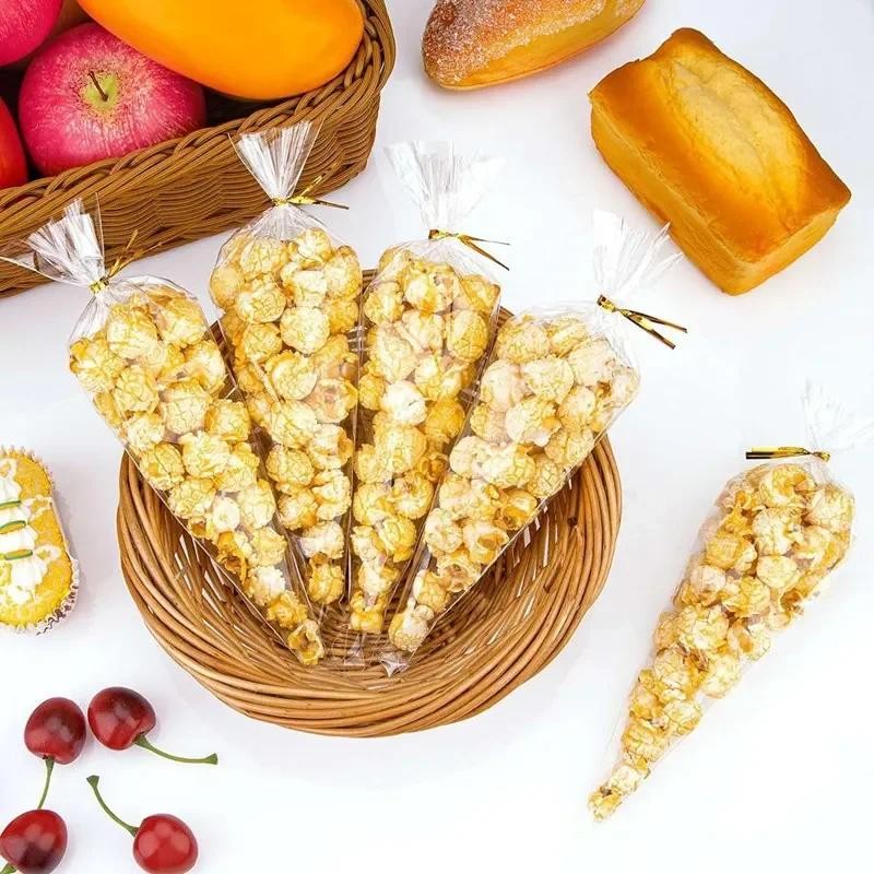 

50/100pcs Cone Treat Bags, DIY Candy Bags, Clear Cellophane Bags with Twist Ties for Treats, Popcorn, Candy, Party Favors
