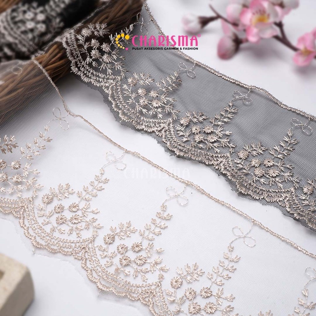 Charisma Renda Bordir Tulle NL Bw Hitam gold - Kain Bordir Untuk Pakaian / Lebar 6cm 8cm 10cm / Harg