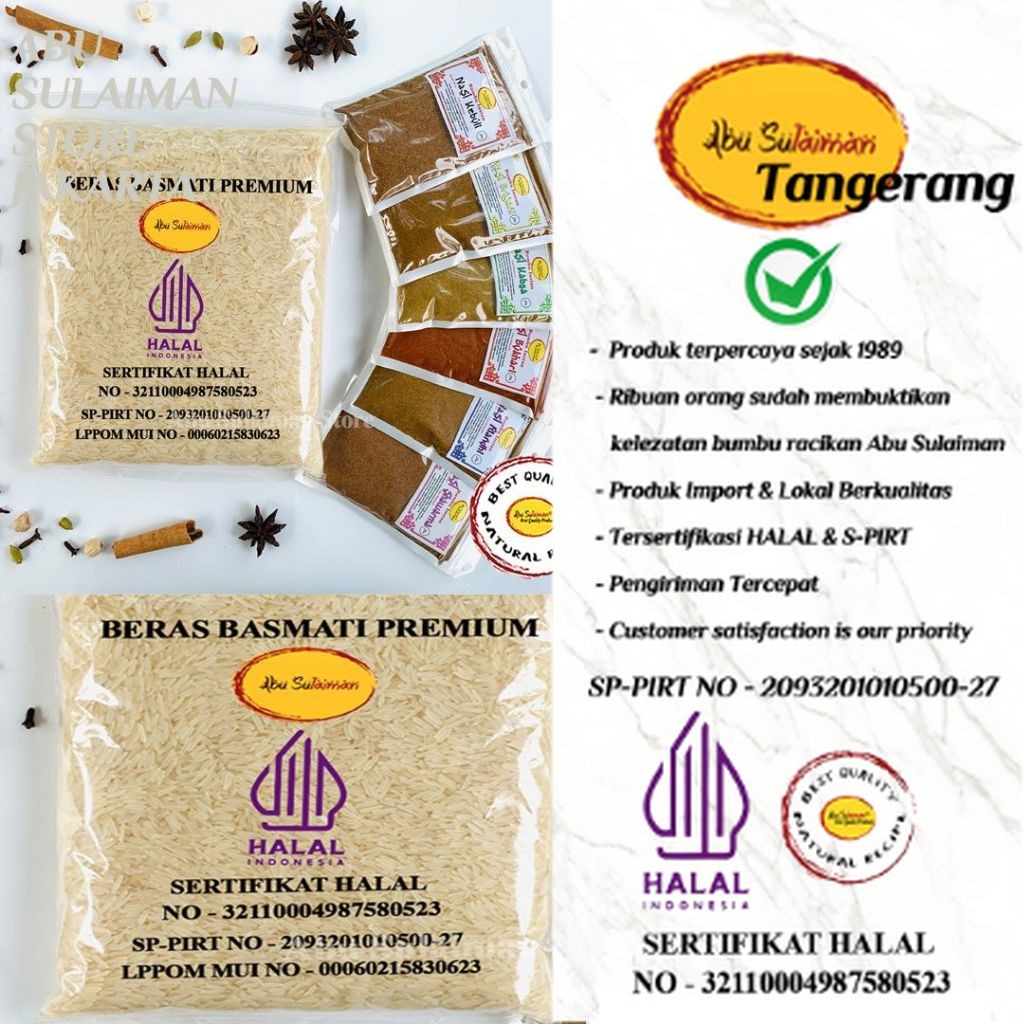 

PAKET SUPER BERAS BASMATI 1 KG / BERAS BASMATI TIMUR TENGAH / BERAS Kebuli Briyani Kabsah Mandhi Shawarma Instan | Beras Basmati I ABU SULAIMAN TANGERANG