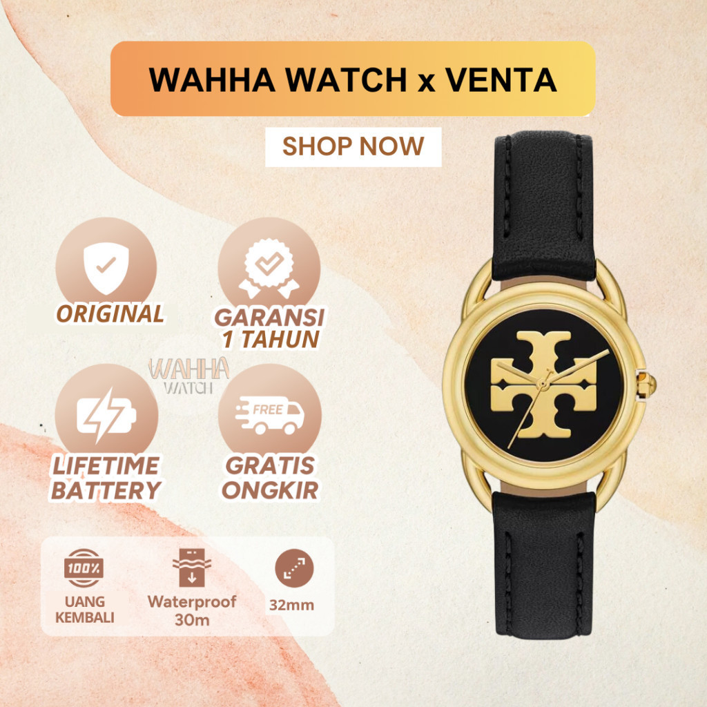 Jam Tangan Wanita Tory Burch Miller TBW7226 Ladies Glossy Black Leather Strap [BERGARANSI]