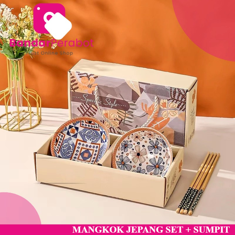 MANGKOK JEPANG SET KERAMIK + SUMPIT 2 PC