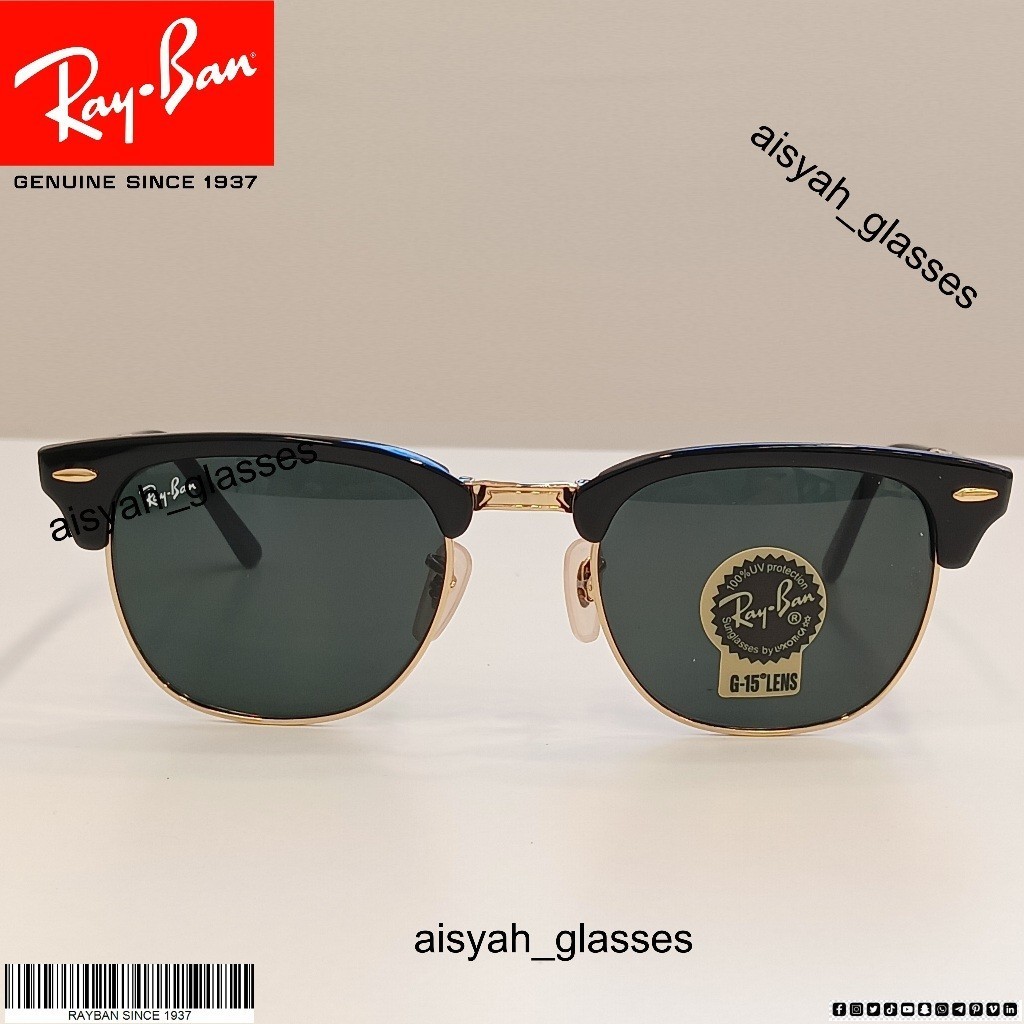 RRR Kacamata  RB 2176 Folding Glossy Black Gold Clubmaster Klasik