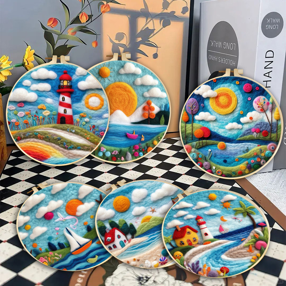 

CHENISTORY Wool Felting Painting Kit Seascape Sailboat Funny Diy Felt Package Felt Needle For Handwork Home Decoration Gift