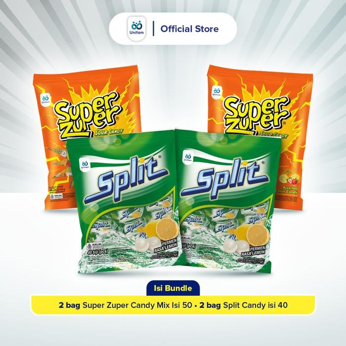 

Paket Seger Jreng Candy - Permen Asam Super Zuper Mix 2 Bag (50Pcs) & Split 2 Bag (40Pcs)
