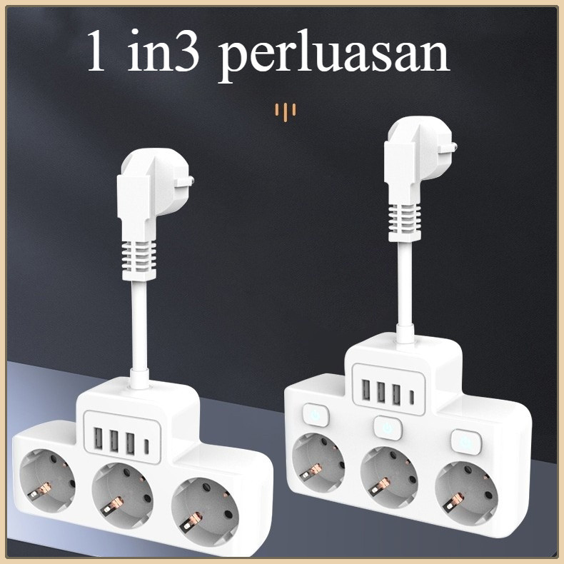 Stopkontak Eropa Mini, Dapat Diputar, Banyak Colokan, Dengan Sakelar dan USB, Kabel Pendek