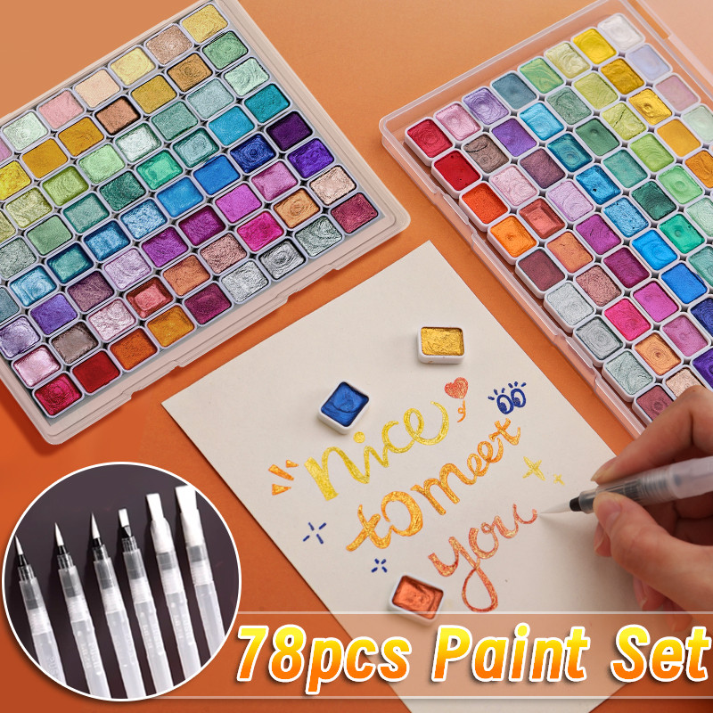 

78pcs Pearlescent Solid Watercolor Paint Set with Brushes,Metallic Sparkle Pigment with Portable Box for Painting,Writing
