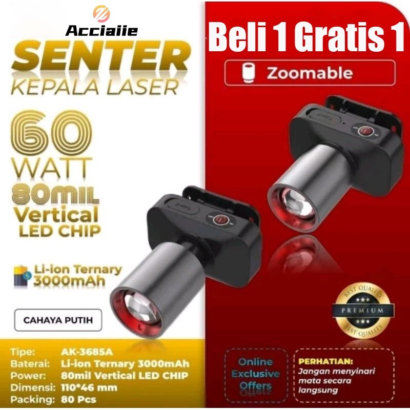 Acciaiie Senter Kepala Super Terang Senter Kepala Anti Air Zoom Lampu Senter Kepala