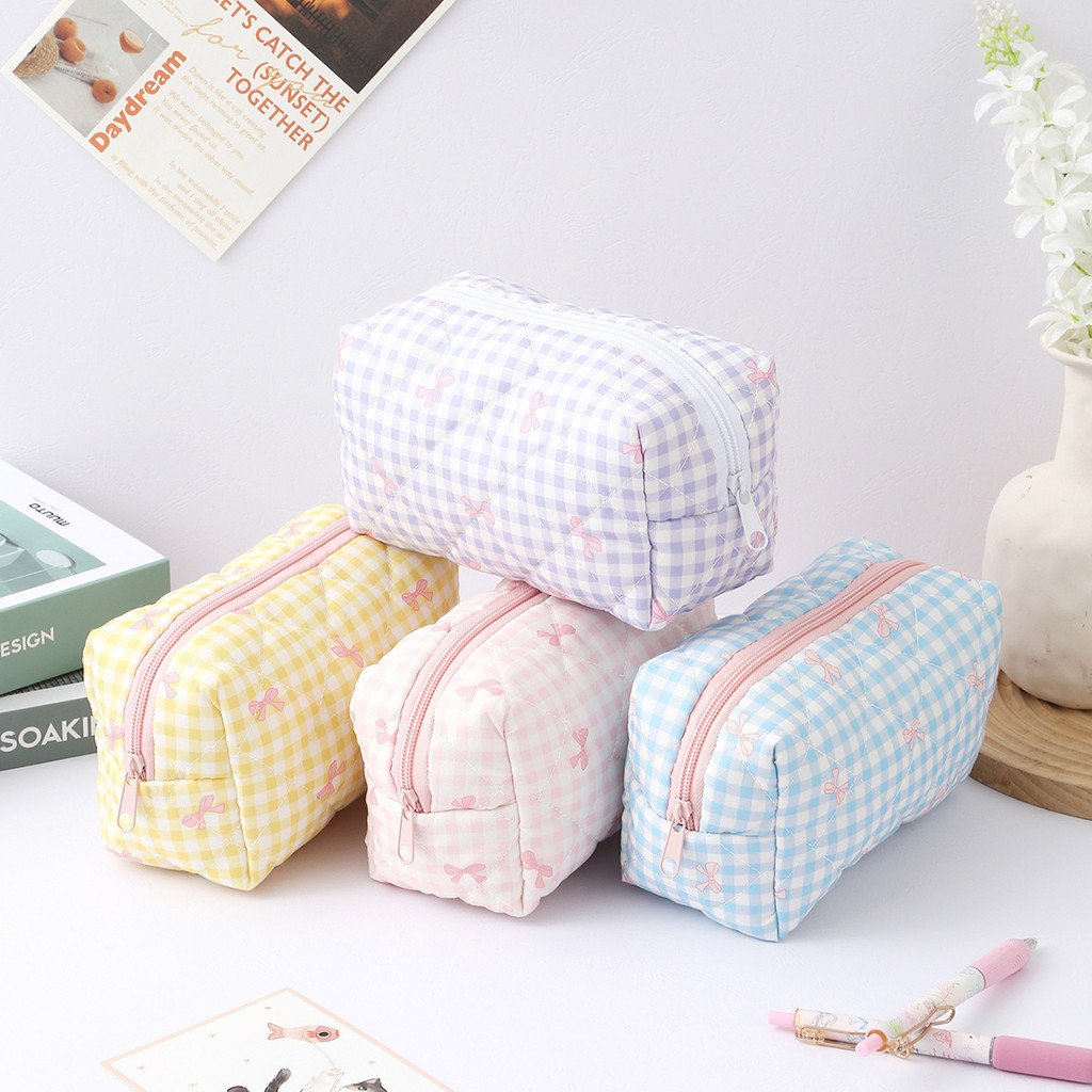 

1pc plaid bow pattern pencil case, spacious, large-capacity, fashionable and portable school supplies, back-to-school essentials