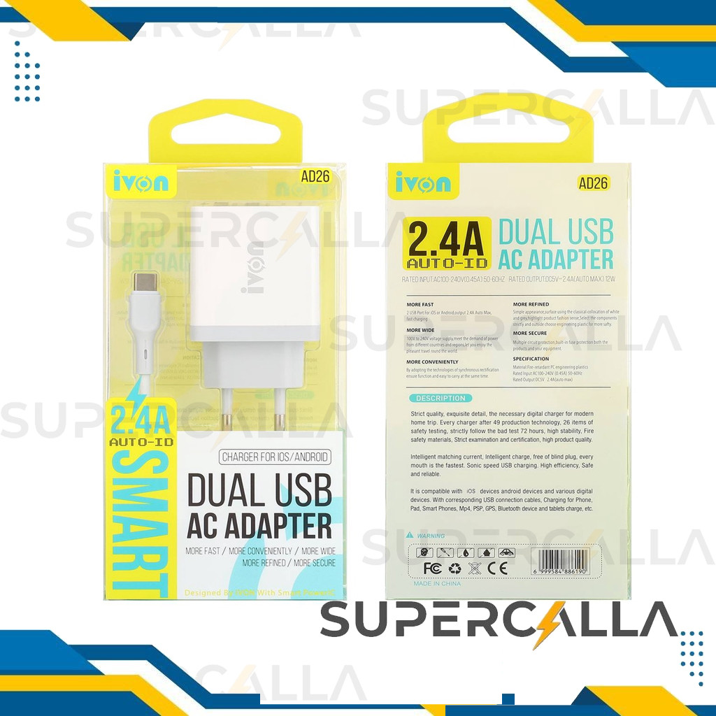 iVON 2.4A AUTO ID SMART CHARGER FOR IOS/ANDROID DUAL USB AC ADAPTER Batok / Kepala Kabel Data For iP