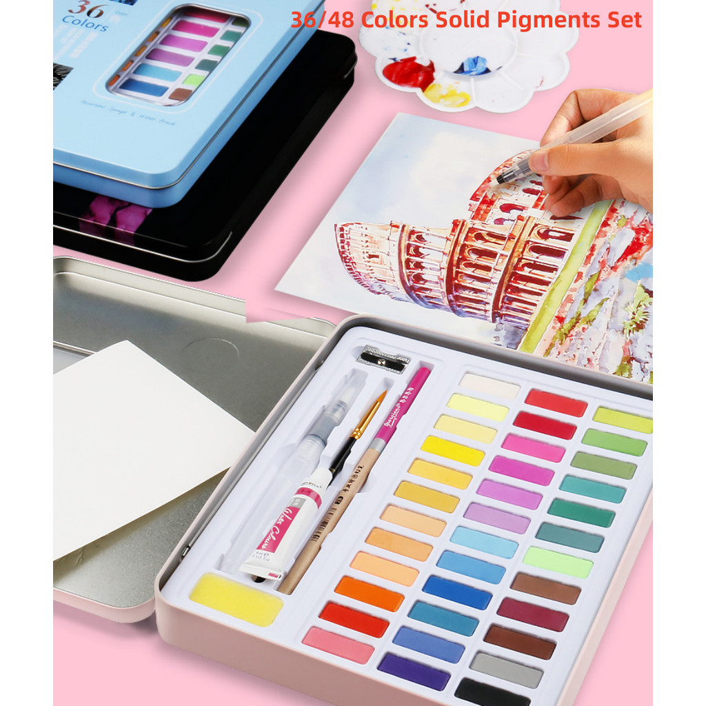 

36/48 Color Solid Watercolor Paint Set Watercolor Pigments Set With Brush&Watercolor Paper For Drawing Art Paint Supplies